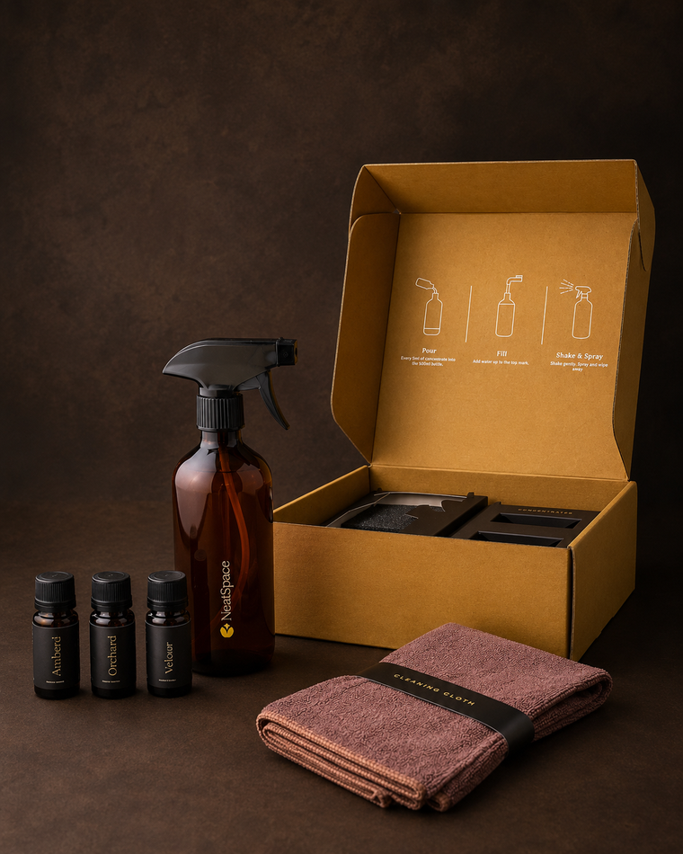 Cleaning product set with spray bottle, cloths, and Cleaning concentrates on a brown background